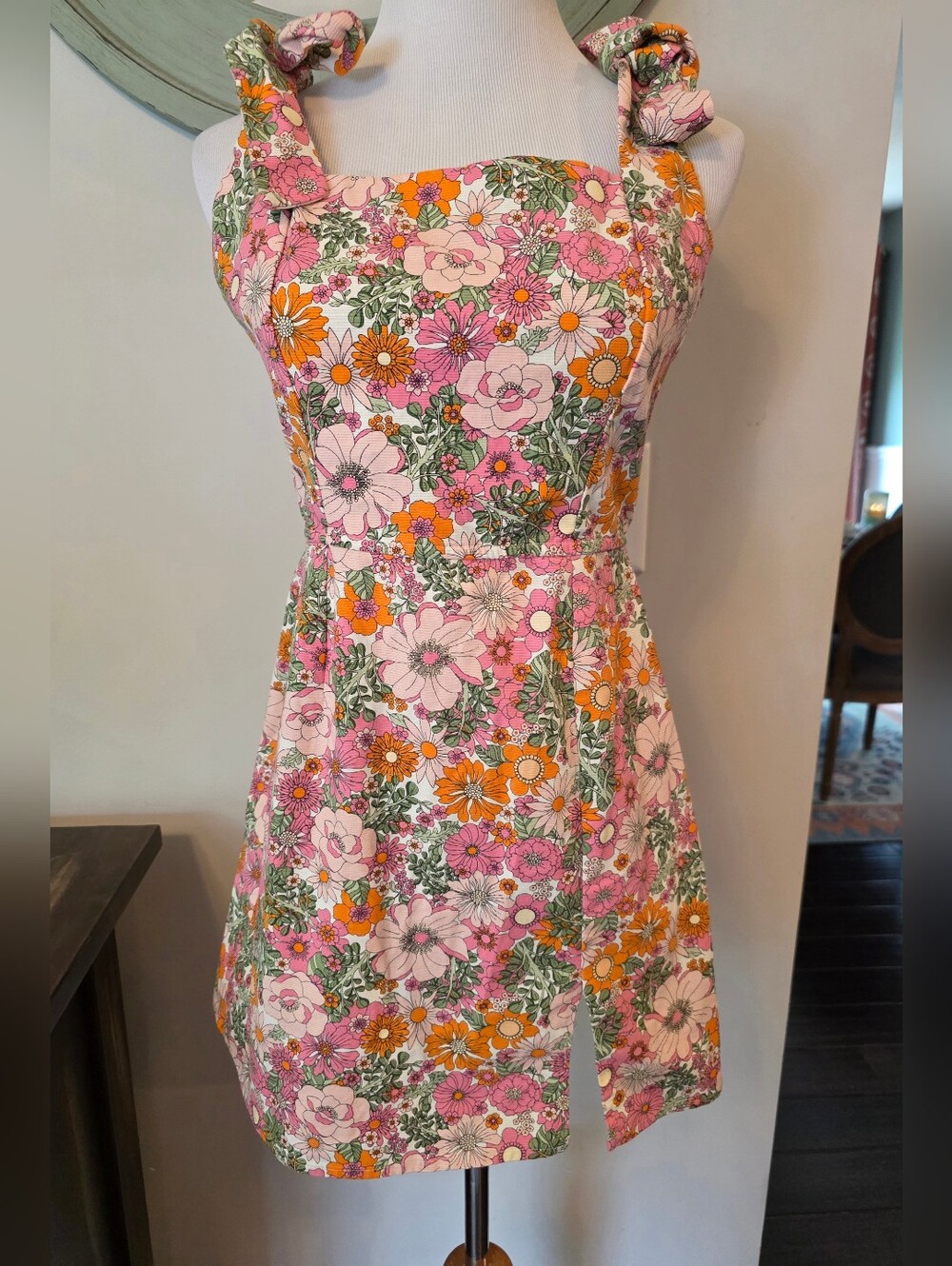 Trixxi Size Medium Retro Floral Square Neck Mini Dress w/ Shoulder Tie Straps - Picture 2 of 11
